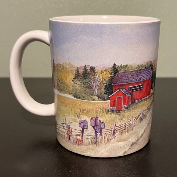 “Just for Pretty" Art Mug by Pat Richter 2003 ~ Red Barn w/ Star Quilt Hex Sign - Picture 2 of 13